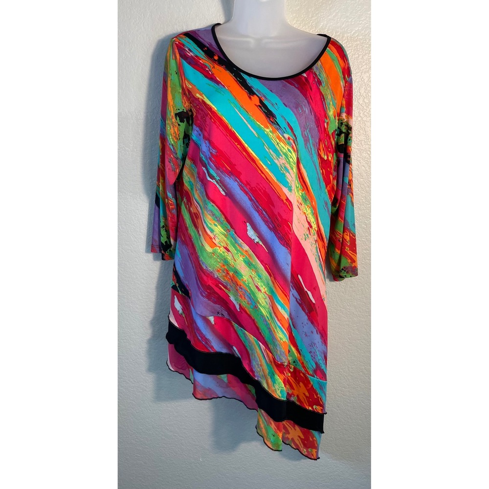 Nygard Womens Large Dress Colorful Abstract Mesh Trim Asymmetrical Funky Groovy